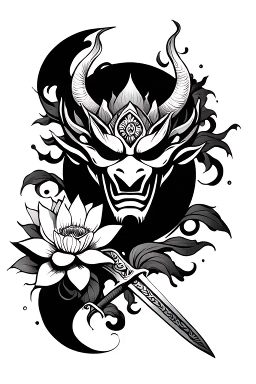 Oni Mask Lotus Flower And Sword Going Vertical