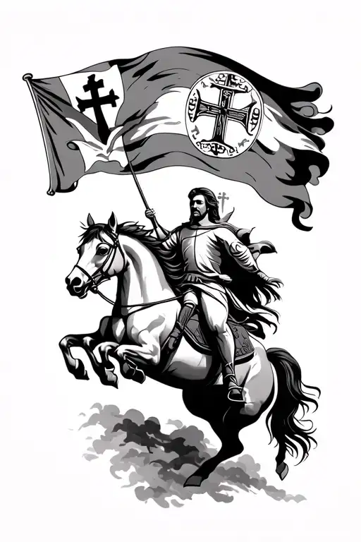 Saint George On Horse Jumping With Saint George Flag