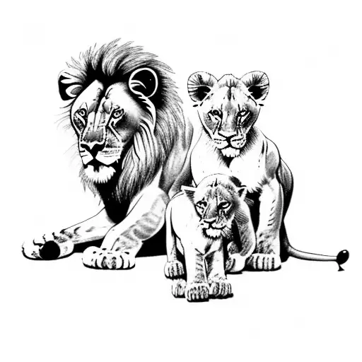 Lion Protecting Three Cubs