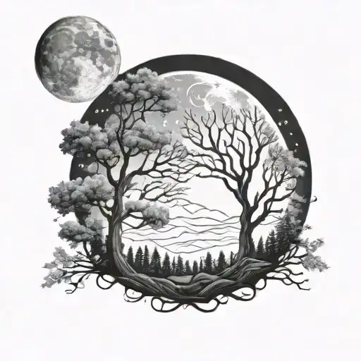 Night Sky With A Moon And Trees And People