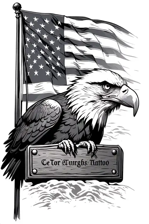 Bald Eagle With A Plaque In Front Of American Flag