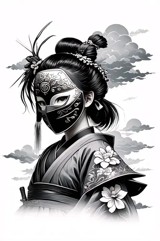 Japanese Girl Samurai With Mask And Flower Tattoo At The Back And Clouds