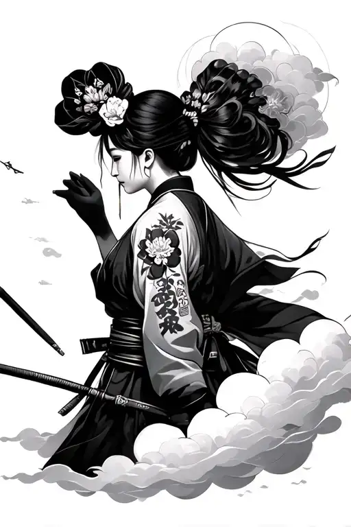 Japanese Girl Samurai Handling A Mask And Flower Tattoo At The Back And Clouds