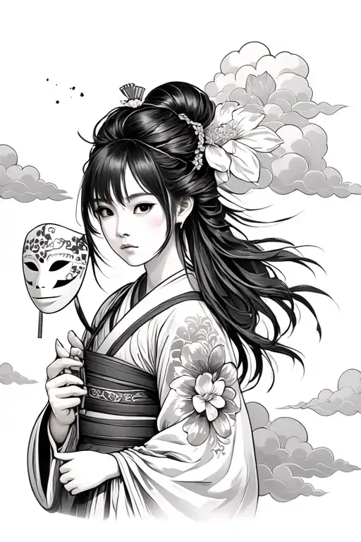 Japanese Girl Samurai Holding A Mask And Flower Tattoo At The Back And Clouds