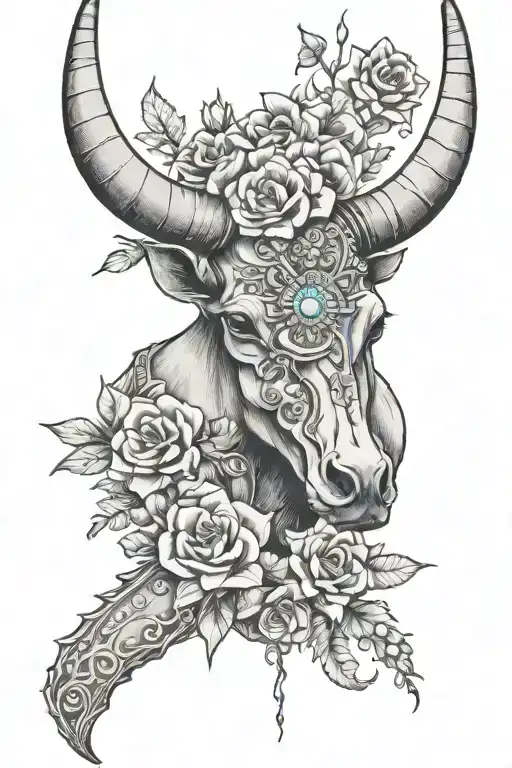 Western Long Horn With Flowers And Cactuses And A Cross And Turquoise