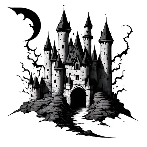 Black Out Tattoo With Castles Coming Out Of It