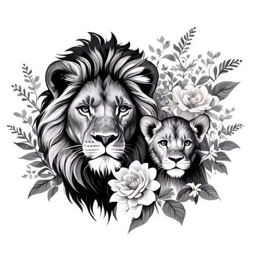 Lion Mom With Child And Outside Flowers