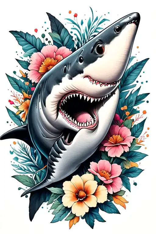 In Space With Shark And Flowers Colorful