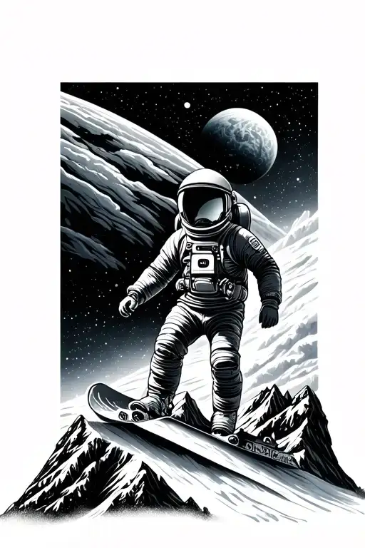 Mountain Range With A Snowboarding Astronaut Floating In Space
