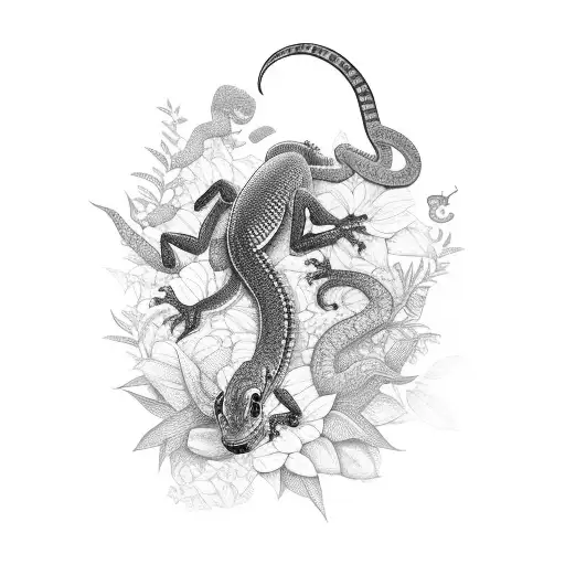 An Intricate Black And Grey Scene Of A Gecko Exploring A Lush Jungle Filled With Exotic Flowers