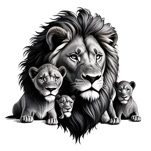 Female Lion With Son And Daughter Surrounded