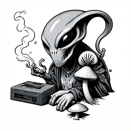 Alien Smoking With Mushrooms And Videogames