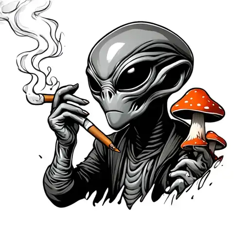 Gamer Alien Smoking A Blunt With Mushrooms In The Background