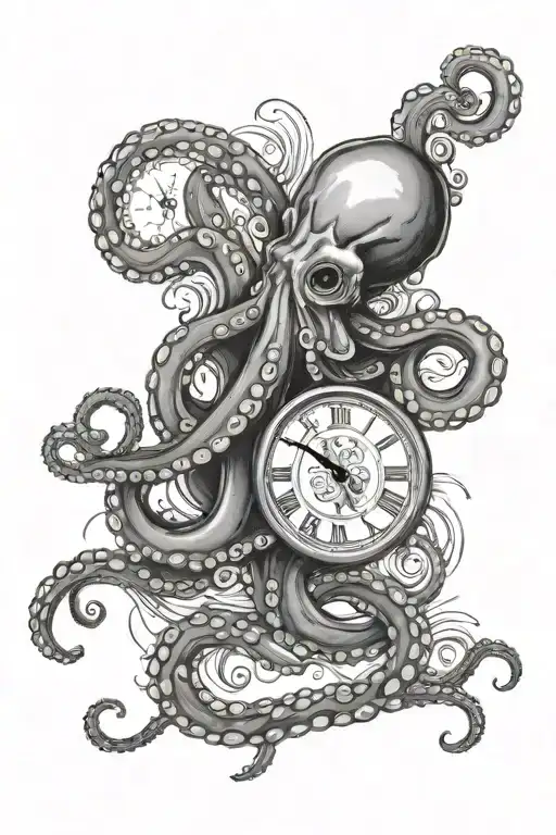 An Octopus In The Sea With A Clock Behind It