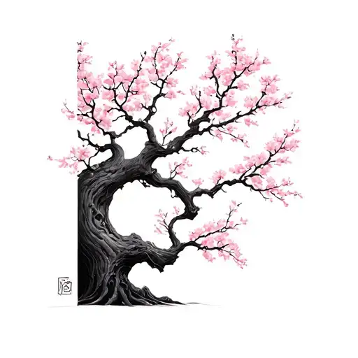 Ygdrasil And Cherry Blossom Tree Minimalist Tattoo Design