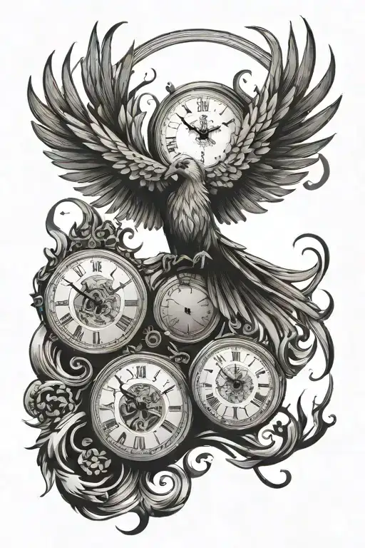 A Phoenix In Front Of A Clock Protecting Its Cub
