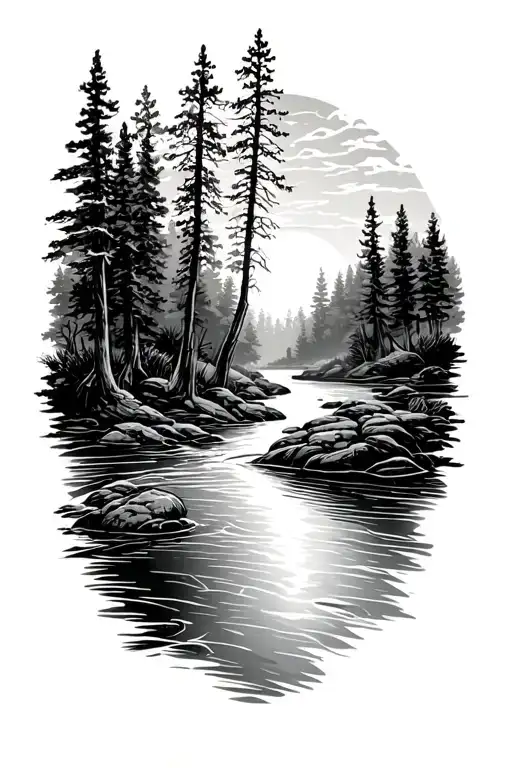 River Flowing Through The Woods With Sunrise In Background