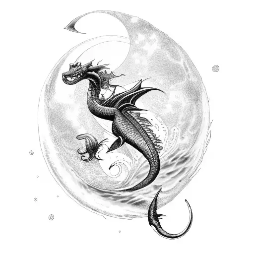 A Mesmerizing Underwater Scene With A Mermaid Dragon Swimming Under A Crescent Moon