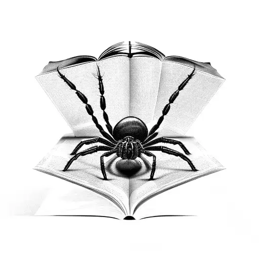 A Black And Grey Tattoo Of A Spider Crawling Out Of An Open Book