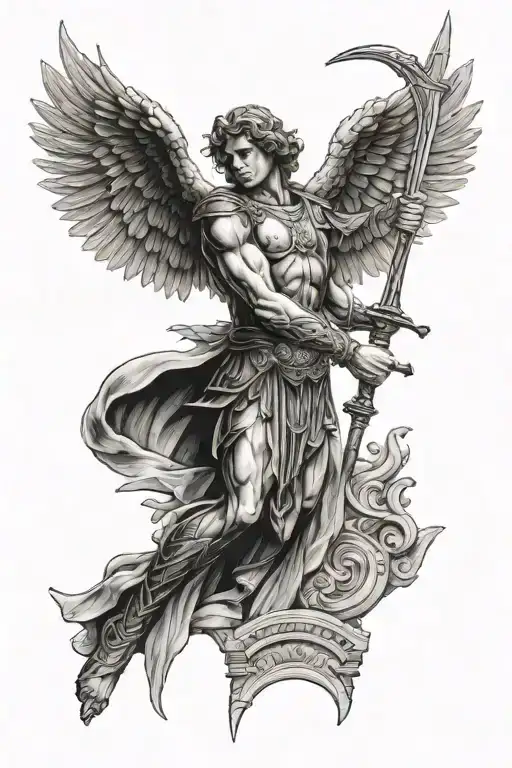 Archangel Michael Holding A Sword In Front Of An Ancient Greek Building