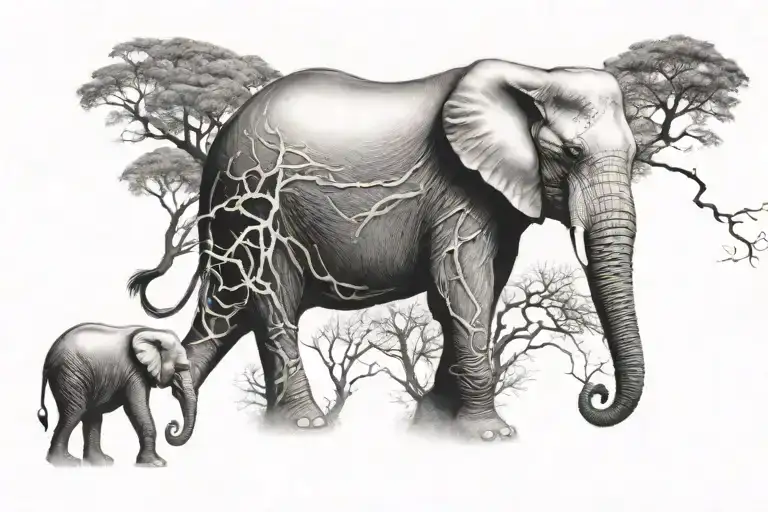 Elephant Blended With Family Tree
