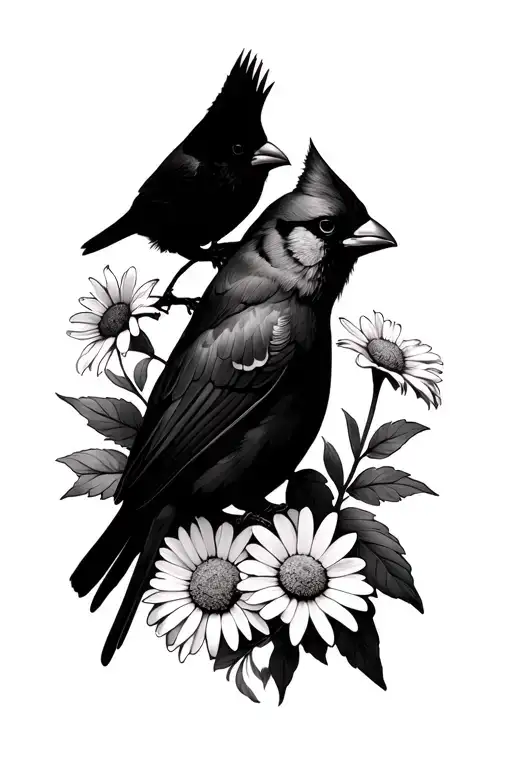 Lillie Of The Valley And Daisies With Cardinals A Male And A Female