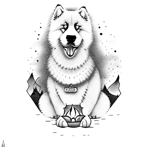 A Samoyed Dog Sitting By A Campfire Under A Starry Sky