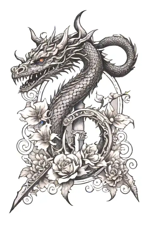 Dragon Round Dagger With Blossom Flowers Surrounding