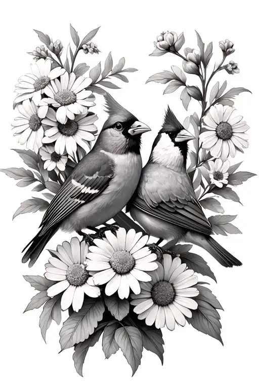 Lillie Of The Valley And Daisies With A Male And A Female Cardinal Perched On The Flowers