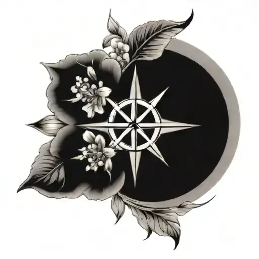 An Intricate Black And Grey Tattoo Of A Compass Rose With Cherry Flowers Intertwined