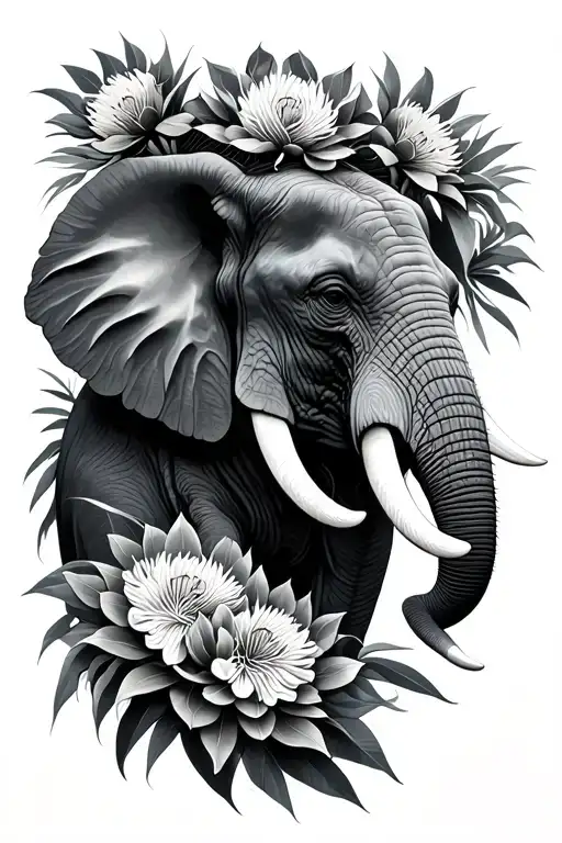 4 Or 5 Queen Protea Flowers And African Elephant Head Facing Right For Left Side Of Back