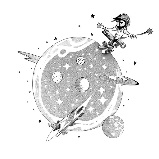 Cartoon Skater Boy In Space With Planets And Stars Around Him