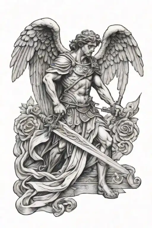 Roman Angel Holding One Sword Pointed At The Ground With Both Hands
