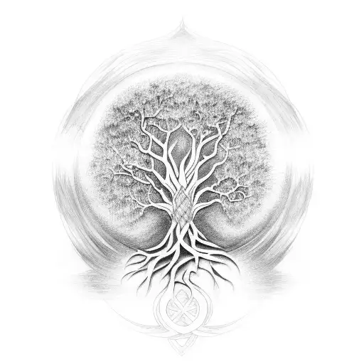 A Tattoo Of The Tree Of Life With The Words 'Born' And 'Death' Incorporated Into The Design
