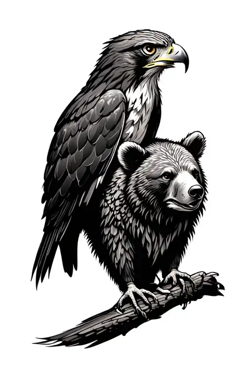 Hawk Perched On Bear Head