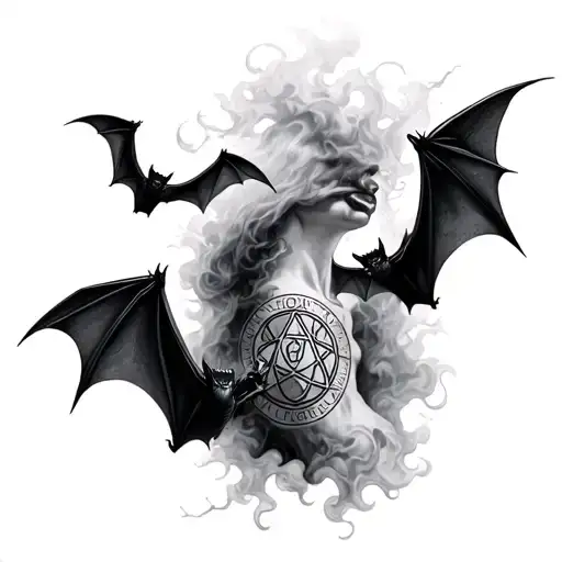 Bats Flyinf Up Side Of Neck With Dark Mist And Occult Symbols