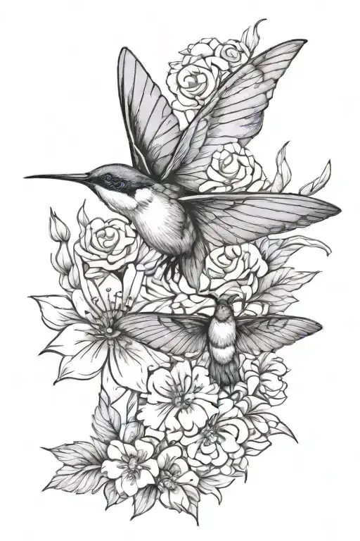 Moth And Humming Bird With Flowers