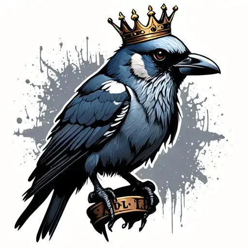 Angry Jackdaw With Crown On Its Head Tattoo Holding