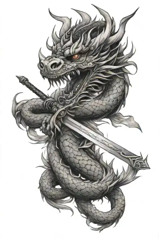 Asian Dragon Wrapped Around A Sword