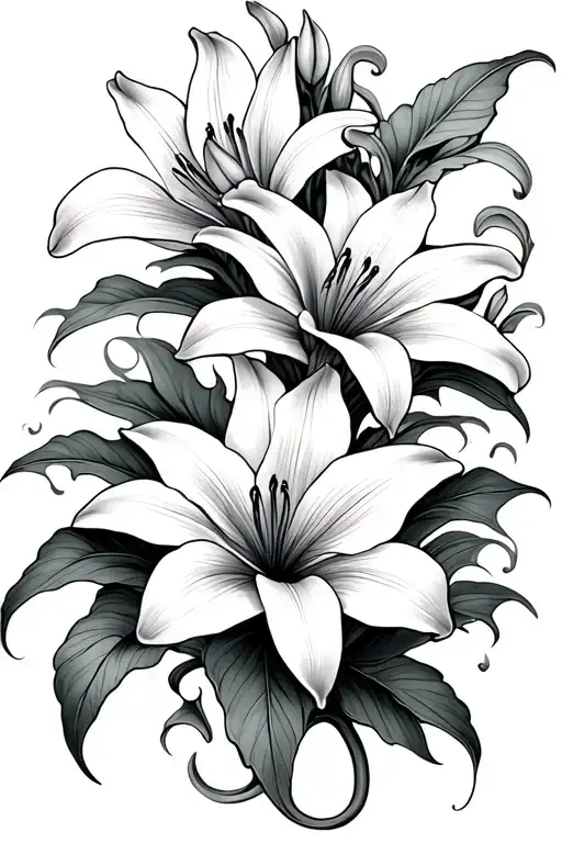 3 Lily Flowers With Shading In A Flowing Line With Whimsical Vines