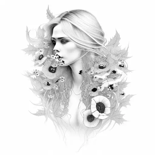 Women With The Hair Like The Leafs Wipped Willow And A Snake Also With Poppies In The Hair