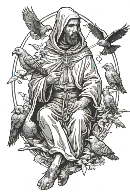 St Francis Of Assisi With Hood Up Sitting With Animals With Birds Flying Up