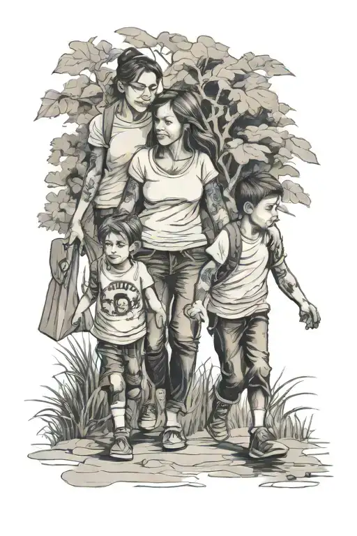Mom And Her Sons Walking
