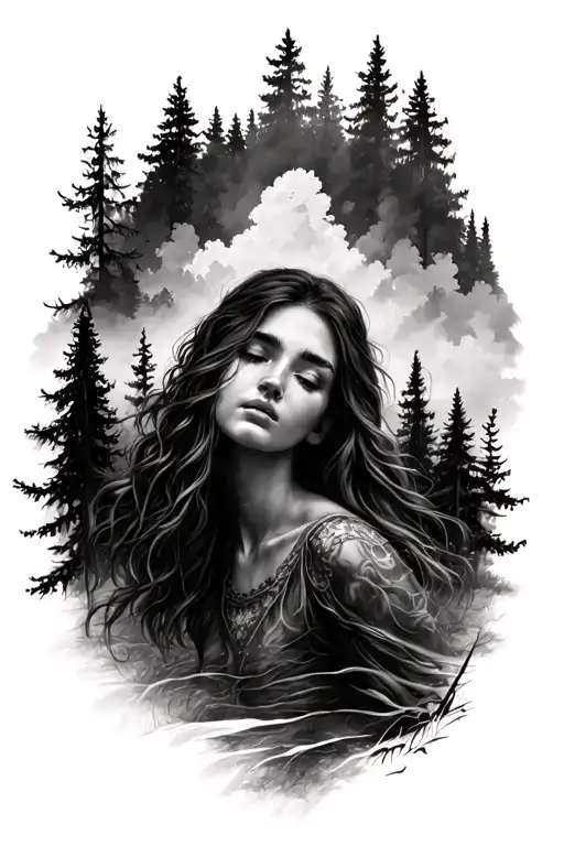 Realistic Tattoo Forearm With A Background Forest Plan With A Woman's Face