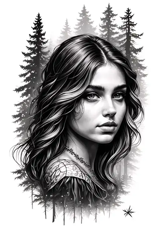 Realistic Tattoo Forearm With A Background Forest Plan With A Woman's Face