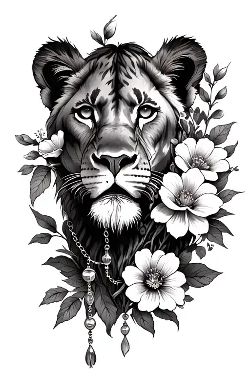A Lioness Peeking Through Flowers With A Rosary