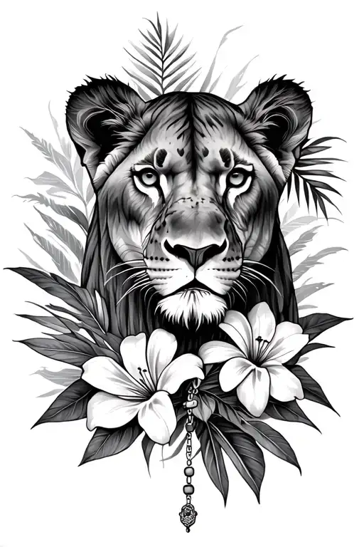 A Lioness Peeking Through Tropical Flowers With A Rosary