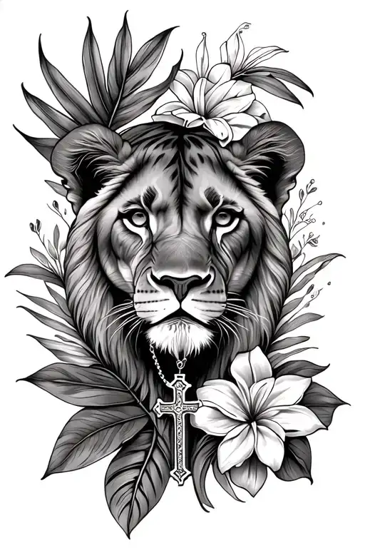 A Lioness Peeking Through Tropical Flowers With A Rosary Cross