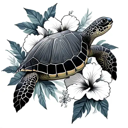Sea Turtle With Fiji Hibiscus Flowers