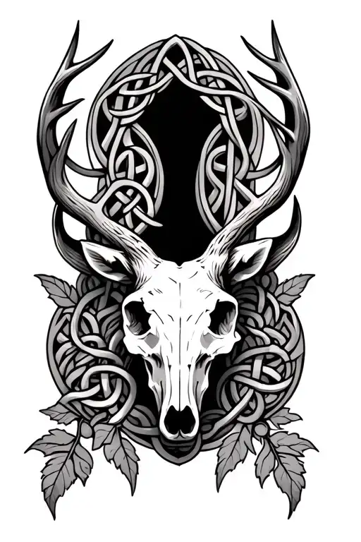 Celtic Deer Skull With Celtic Knots And Leaves Intertwined